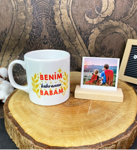 Kişiye Özel Fotoğraf Tutucu Ve Benim Kahraman Babam Tasarımlı Kupa Set