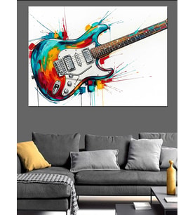 Gökkuşağı Renkli Gitar Dekoratif Kanvas - Mdf Ahşap Tablo