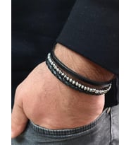 %100 Deri&Dorika Taşlı Kalın Bilekli Erkeklere Özel Üretimimiz NET 23cm (Siyah - Gümüş)