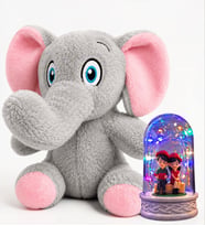 Renkli Led Işıklı Oturan Çiftli Fanus ve Sevimli Peluş Fil Hediye Seti