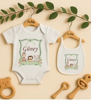 Pia Baby Premium %100 Pamuk İsme Özel Organik Baskılı Çıtçıtlı Bebek Body Ve Önlük 5060-20 (Ekru)