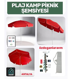 Kırmızı Plaj Deniz Bahçe 2 Mt 10 Telli Şemsiye + Çanta+48 Cm Metal Aparat (Krem)