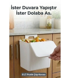 Askılı ve Yapışkanlı Mutfak Ve Banyo İçin Pratik Çöp Kovası 8LT (Beyaz)