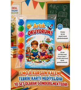 Yeni Okumayı Öğrenen Öğrencilere Hediye 10 Set Artık Okuyorum Yazılı 1. Sınıf Hatırası Emoji Kurşun Kalem Tebrik Kartı Hediyeli