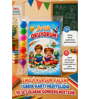 Yeni Okumayı Öğrenen Öğrencilere Hediye 10 Set Artık Okuyorum Yazılı 1. Sınıf Hatırası Emoji Kurşun Kalem Tebrik Kartı Hediyeli