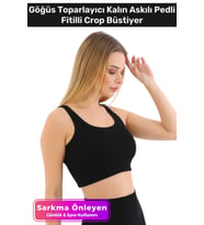Özel Üretim Göğüs Toparlayıcı Sarkma Önleyen Spor Günlük Kalın Askılı Pedli Fitilli Crop Büstiyer (Siyah)