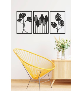 UNT Yaprak Temalı Modern, Zarif Dekoratif Ahşap 3'lü Tablo, Duvar Dekoru (Siyah)