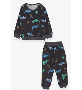 Breeze Erkek Bebek Eşofman Takımı Dinozor Desenli 9 Ay-3 Yaş, Füme