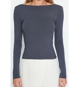 Moda Kayık Yaka Örme Slim Düz Desen Casual Günlük Regular Uzun Kol Bluz (Antrasit)