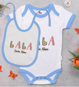 BK Kids Kişiye Özel Baba Tasarımlı Mavi Bebek Body Zıbın ve Mama Önlüğü Hediye Seti
