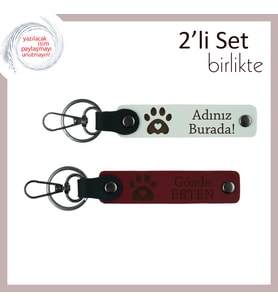 İsim Yazılabilir Kalpli Pati Tasarımı, Sevgiliye Hediyelik Anahtarlık Takımı, Beyaz-Bordo