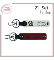 İsim Yazılabilir Kalpli Pati Tasarımı, Sevgiliye Hediyelik Anahtarlık Takımı, Beyaz-Bordo
