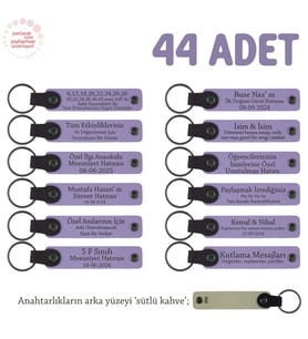 Yeni Evlenen Çift Düğünü İçin Hediyelik Anahtarlık İsme Özel 44' lü Set, Mor Menekşe & Sütlü Kahve (Lila - Mor)