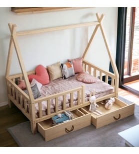 Montessori Yatak Çekmeceli Karyola Ahşap Çocuk ve Bebek Beşik