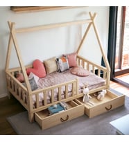Montessori Yatak Çekmeceli Karyola Ahşap Çocuk ve Bebek Beşik