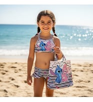Kız Çocuk karakter Baskılı Eteği Fırfırlı- ip bağlamalı ÇANTA Mayo Bikini 3 lü Takım