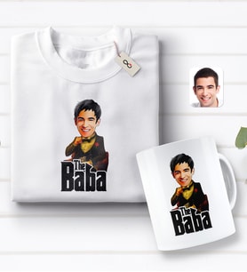 BK Gift Kişiye Özel Godfather Baba Karikatürlü Beyaz Tişört ve Kupa Seti-3 (Model 1)