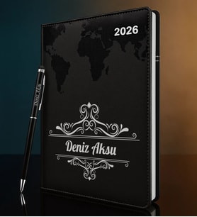 BK Gift Kişiye Özel İsimli Termo Sert Kapak 2026 Siyah Ajanda & Kalem -2, Öğretmenler Günü Hediyesi, Yeni İş Hediyesi