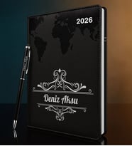 BK Gift Kişiye Özel İsimli Termo Sert Kapak 2026 Siyah Ajanda & Kalem -2, Öğretmenler Günü Hediyesi, Yeni İş Hediyesi