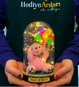 Size Özel İsimli Fanus  Led Işıklı Renkli Balon Temalı Peluş Ayıcık