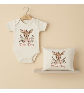 Pia Baby Premium %100 Pamuk İsme Özel Organik Baskılı Çıtçıtlı Bebek Body Ve Yastık Kılıfı 5034-19 (Ekru)