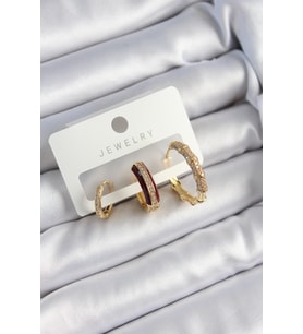 Pirinç Zirkon Taşlı Bordo Halka Model Gold Renk 3'lü Çift Kadın Küpe Set - TJ-BKP10834