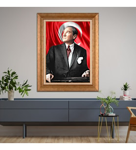 Altın Varaklı Çerçeveli Paspartulu Atatürk Tablo DC0927 (Gold)