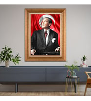 Altın Varaklı Çerçeveli Paspartulu Atatürk Tablo DC0927 (Gold)