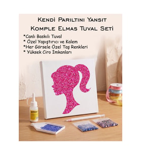 Taşlı Elmas Mozaik Tuval Seti - Pembe Kız Silueti