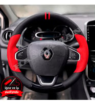 Renault Captur 1 Dikme Direksiyon Kılıfı Parlak Siyah Kırmızı Detaylı Kırmızı Çift Yüzük ve Dikiş 2013-2019