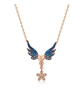 Gümüş Rose Çiçekli Kanatlı Kalpli Kolye SL3535