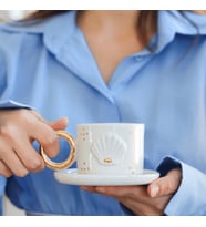 Özce Ceramic İnci Desenli 24K Altın Detaylı Handmade Türk Kahvesi Fincan ve Tabak (Doğal Beyaz)