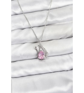 316L Çelik Zincir Gümüş Renk Pembe Kuğu Model Zirkon Taşlı Kadın Kolye - TJ-BKO10866