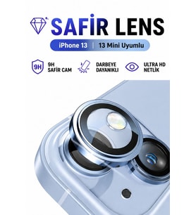 iPhone 13 / 13 Mini Sierra Mavi Metal Kamera Lens Koruyucu Safir Cam Ultra Net HD