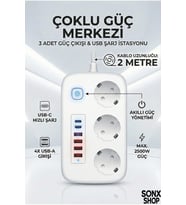 2500W Çoklu Priz 2 METRE – 3’lü AC Priz +5 USB Çıkışı AKIM KORUMALI Alev Almayan Gövde,