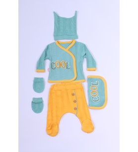 BEBEK 5`Lİ SET TAKIM BASKILI ŞAPKA ELDİVEN ÖNLÜKLÜ B73 HCM00157 (Su Yeşili)