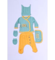 BEBEK 5`Lİ SET TAKIM BASKILI ŞAPKA ELDİVEN ÖNLÜKLÜ B73 HCM00157 (Su Yeşili)