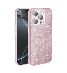 Apple iPhone 15 Pro Max Uyumlu Kılıf M-safe Şarj Özellikli Parlayan Simli Zore Okso Kapak (Pembe)