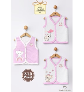 Kız Bebek 3’lü Yelek Seti Kalp Jakar Desenli Fil Baskılı Çıtçıtlı Yelek Yenidoğan Mevsimlik Yelek (Ekru-Pembe)