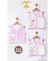 Kız Bebek 3’lü Yelek Seti Kalp Jakar Desenli Fil Baskılı Çıtçıtlı Yelek Yenidoğan Mevsimlik Yelek (Ekru-Pembe)