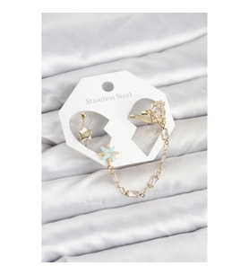 Mey İthalat® Yıldız Model Pirinç Gold Renk Zincir Bağlantılı Ear Cuff Küpe Seti