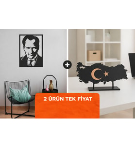 2 Ürün Tek Fiyat Atatürk Portre V.1 Tablo Mdf + Şık Masaüstü Türkiye Haritası Hediyelik Konsept Ürün (Siyah)