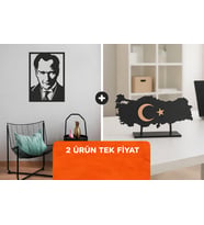 2 Ürün Tek Fiyat Atatürk Portre V.1 Tablo Mdf + Şık Masaüstü Türkiye Haritası Hediyelik Konsept Ürün (Siyah)