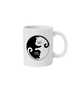 Beyaz Yin Yang Kediler Baskılı Kupa