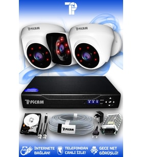 PICAM 3 Kameralı Kare 2 İç Kamera Set 250 GB HDD Full HD Gece Görüşlü Güvenlik Kamerası Sistemi
