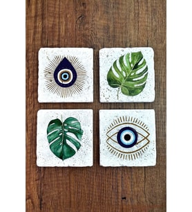 Doğal Taş Bardak Altlığı Nazar Ve Yaprak 10x10cm Stone Coasters 4'lü Set