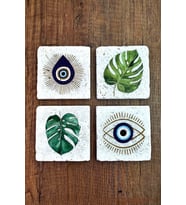 Doğal Taş Bardak Altlığı Nazar Ve Yaprak 10x10cm Stone Coasters 4'lü Set