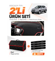 HYUNDAİ TUCSON (2009-2015) Uyumlu Torpido Örtüsü + Deri Bagaj Çantası + Sticker Seti - Siyah Kırmızı