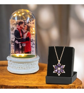 Kişiye Özel Fotoğraflı Işıklı Fanus & Lotus Kolye Hediye Seti