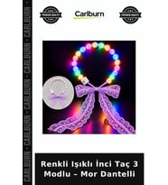 Renkli Işıklı İnci Taç 3 Modlu – Mor Dantelli Parti Süsü Şık Detay Çekim Aksesuarı